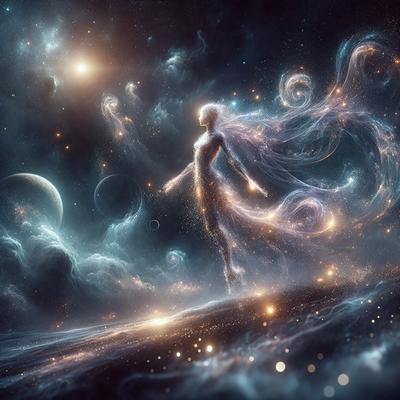 The primary subject of the image is a woman, who appears to be a celestial being or a goddess. She is standing in a starry sky, surrounded by a beautiful and serene environment. The setting is a space filled with stars, creating a sense of wonder and awe. The visual style of the image is digital art, which adds to the ethereal and dreamlike atmosphere. The colors and mood of the image are predominantly blue and purple, which are often associated with spirituality, tranquility